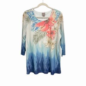 Chico's Women Sz 2 (Large) Watercolor Ombre Floral Breeze Knit Tunic Top Blouse